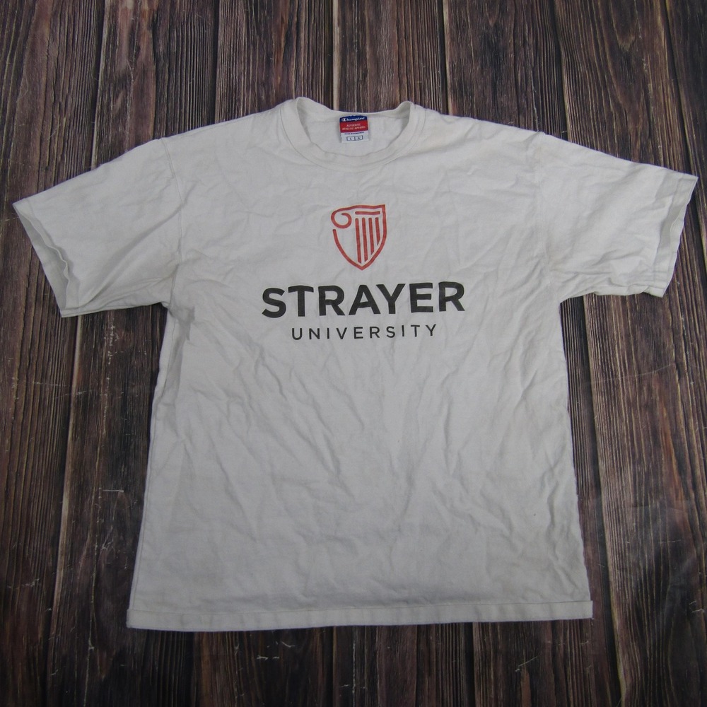 Champion Strayer University Shirt Mens Large White Graphic Tee College Campus